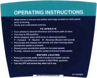 1025192-01 Operating Instructions Decal - Club Car DS & Precedent