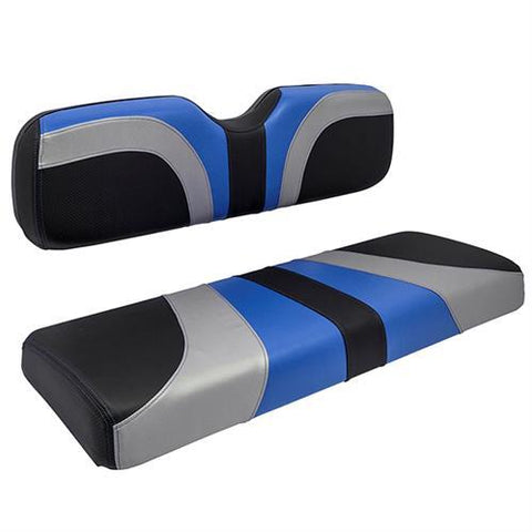 RedDot® Blade Front Seat Covers for E-Z-GO TXT/T48/RXV – Alpha Blue / Silver / Black Carbon Fiber