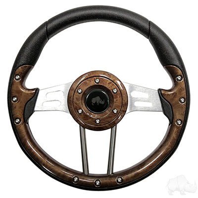 RHOX Steering Wheel, Aviator 4 Woodgrain Grip/Brushed Aluminum Spokes 13" Diameter